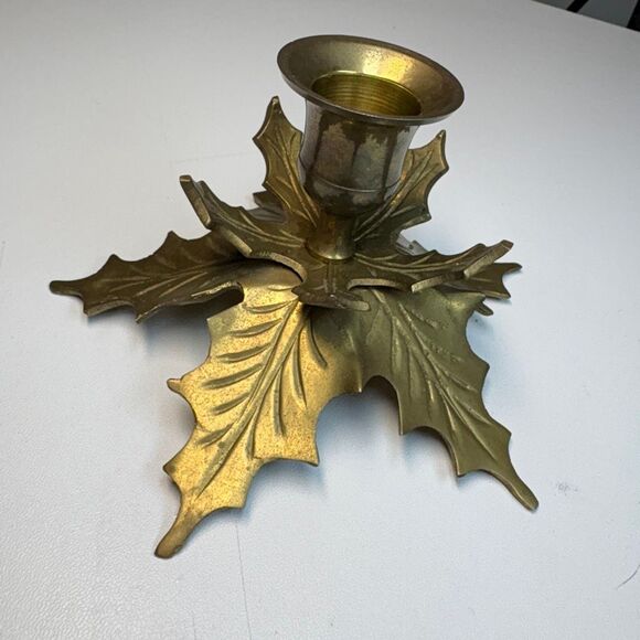 Vintage Brass Holly Leaf Candle Holder – Made in India - Picture 1 of 5